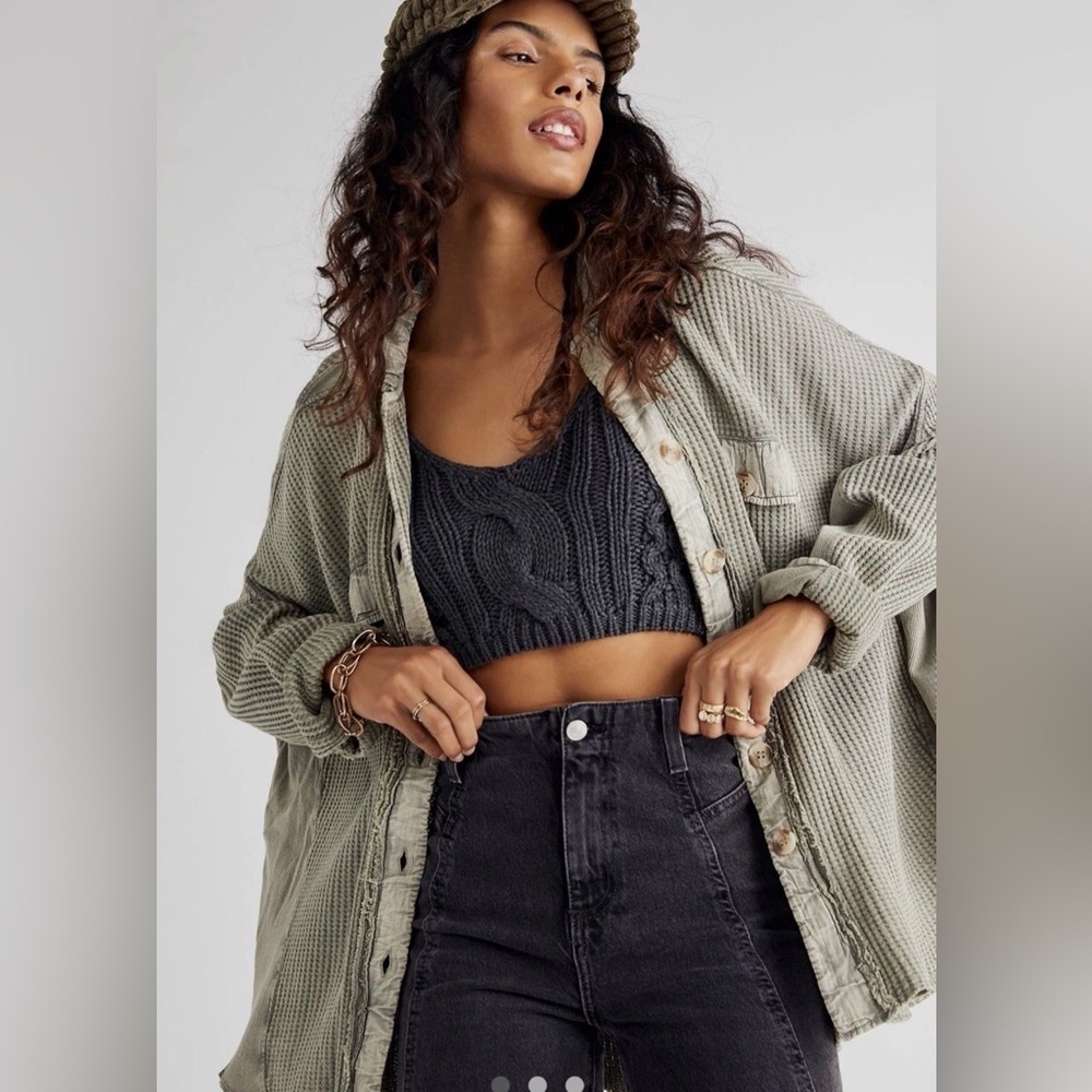 Free People One Scout Jacket Shacket Waffle Thermal Knit Slouchy Sage Green